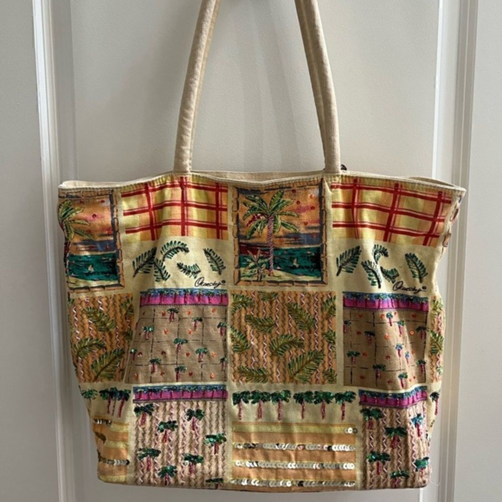 Quasby Beach Themed Bag Tote cotton/lined: handle detail - Bright Colors